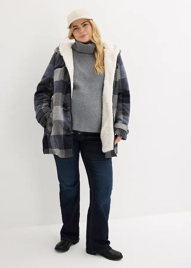 Veste de grossesse et de portage en laine avec doublure peluche, Couleur: bleu foncé/gris à carreaux