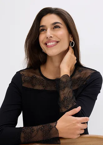 Triko s dlouhým rukávem a krajkou • černá • bonprix obchod