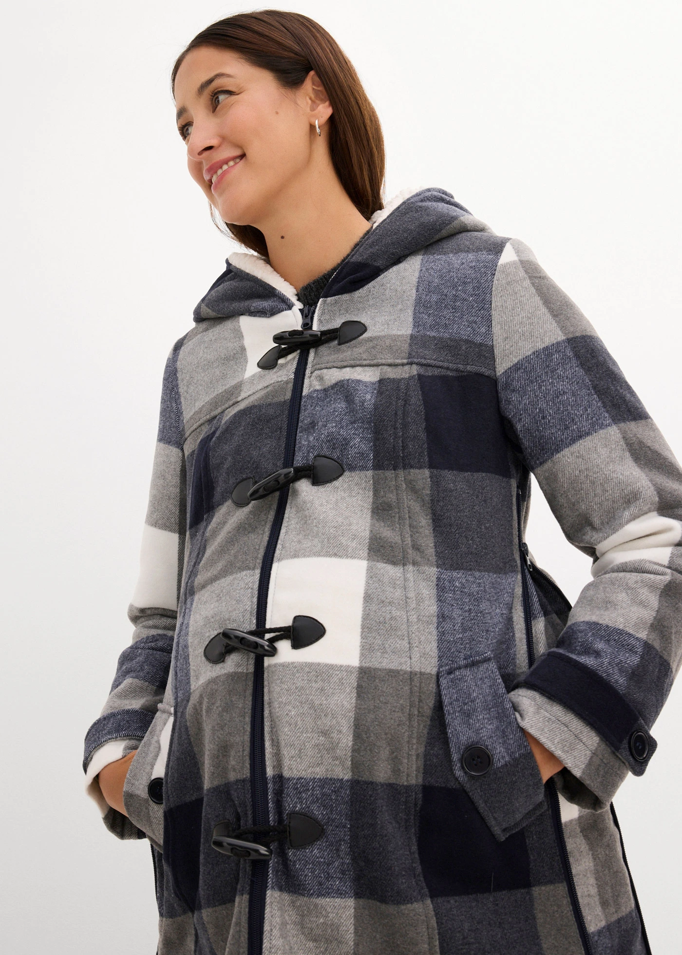 Veste de grossesse et de portage en laine avec doublure peluche • bleu foncé/gris à carreaux • Boutique bonprix