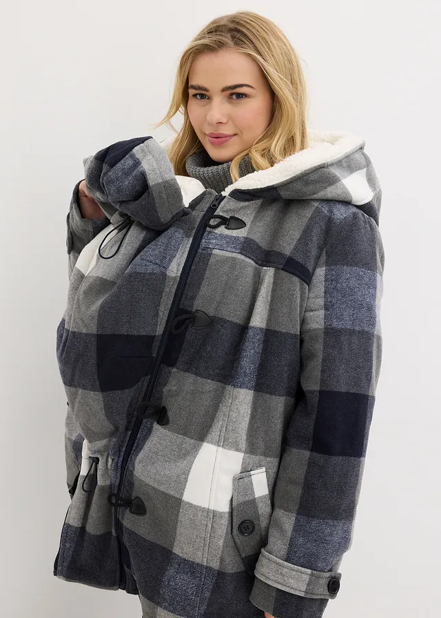 Veste de grossesse et de portage en laine avec doublure peluche, Couleur: bleu foncé/gris à carreaux
