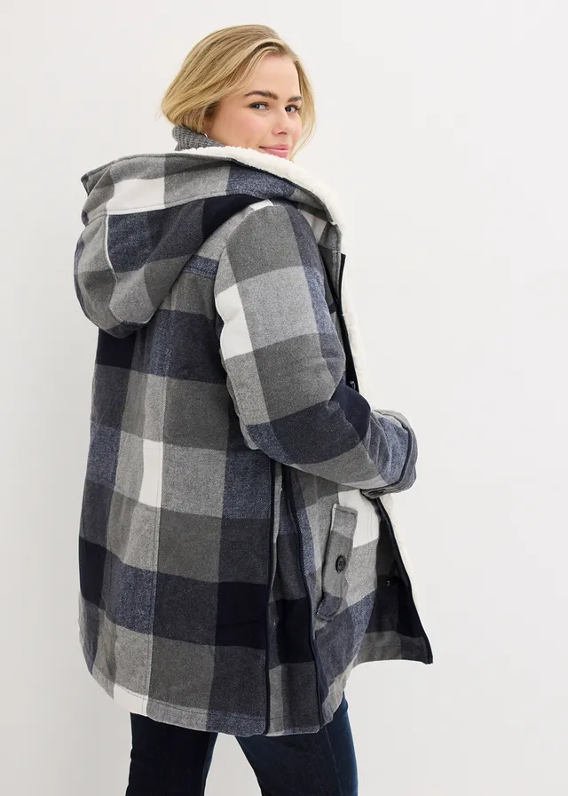 Wollen zwangerschapsjas / draagjas met teddy voering, Kleur: donkerblauw-grijs geruit