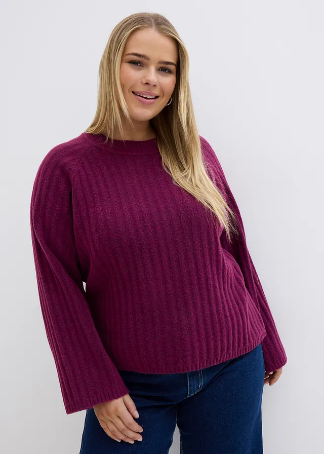 Pull raccourci en maille côtelée, Couleur: prune