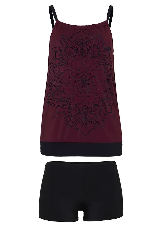 Oversized tankini (2-dlg. set), Kleur: bessen-zwart met print