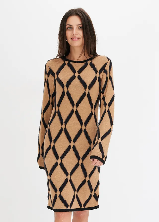 Robe en maille poilue avec motif en losange, Couleur: marron clair-noir carreaux