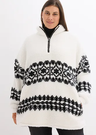 Teddy fleece trui, Kleur: wolwit-zwart Noors patroon