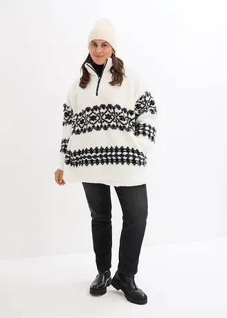 Teddy fleece trui, Kleur: wolwit-zwart Noors patroon