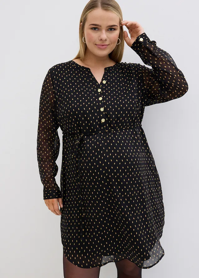 Robe de grossesse et d’allaitement en voile imprimé, Couleur: noir pois doré