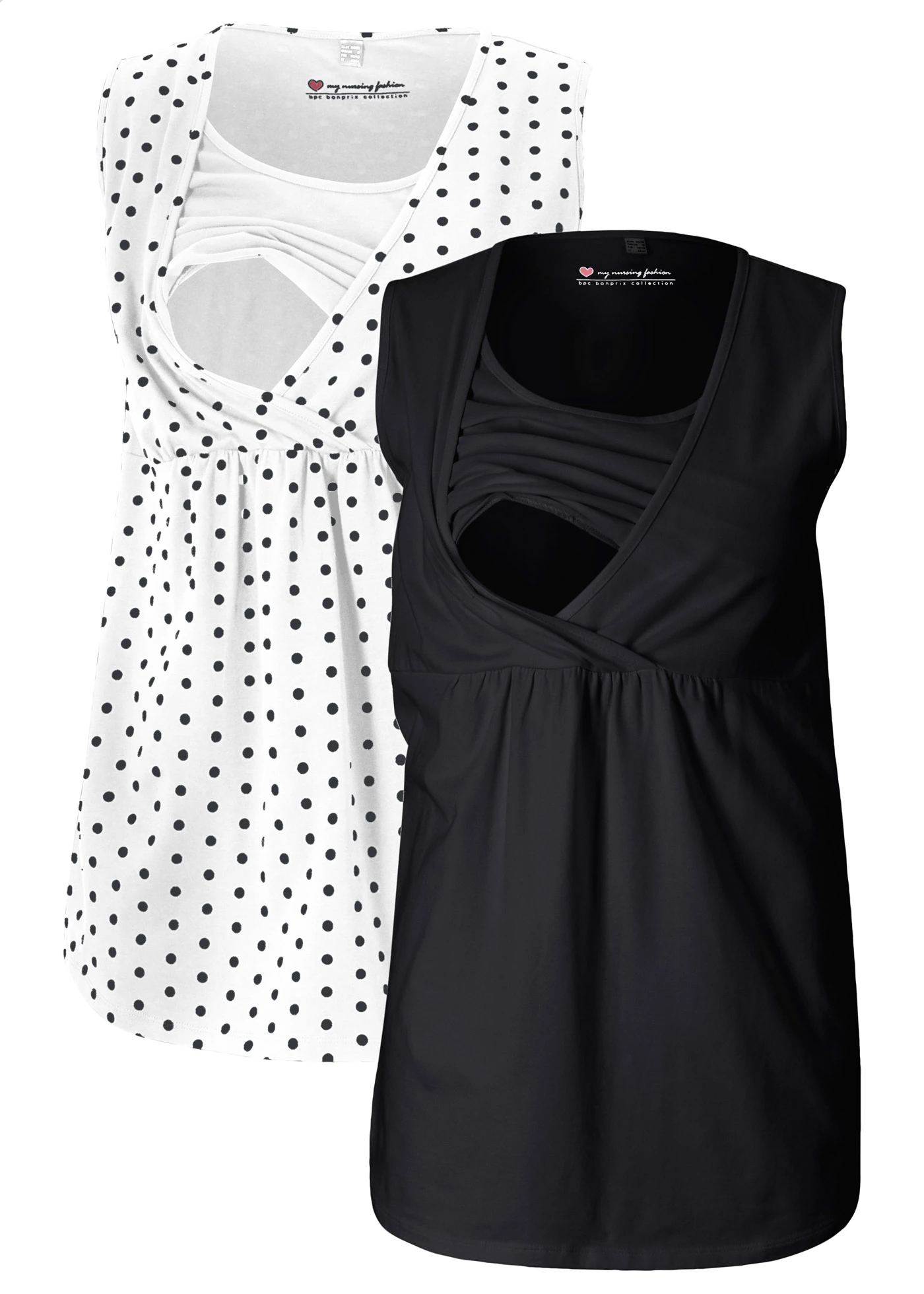 Lot de 2 tops de grossesse/d’allaitement • noir uni + blanc à pois • Boutique bonprix