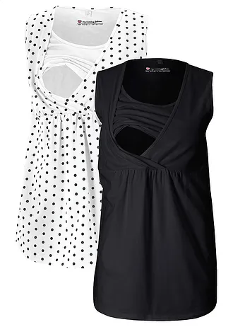 Lot de 2 tops de grossesse/d’allaitement, Couleur: noir uni + blanc à pois