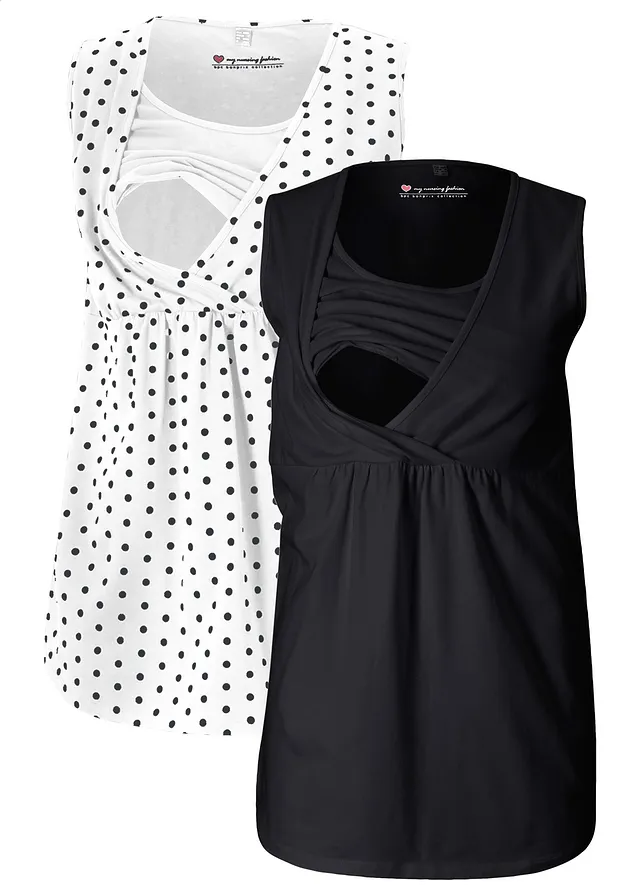 Lot de 2 tops de grossesse/d’allaitement • noir uni + blanc à pois • Boutique bonprix