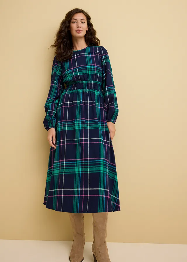 Flanellen jurk met smokwerk, Kleur: donkerblauw geruit