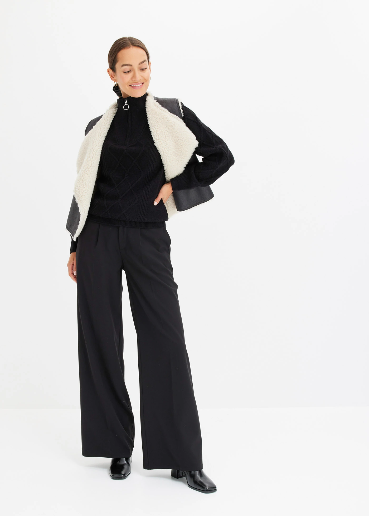 Pull camionneur en maille torsadée • noir • Boutique bonprix