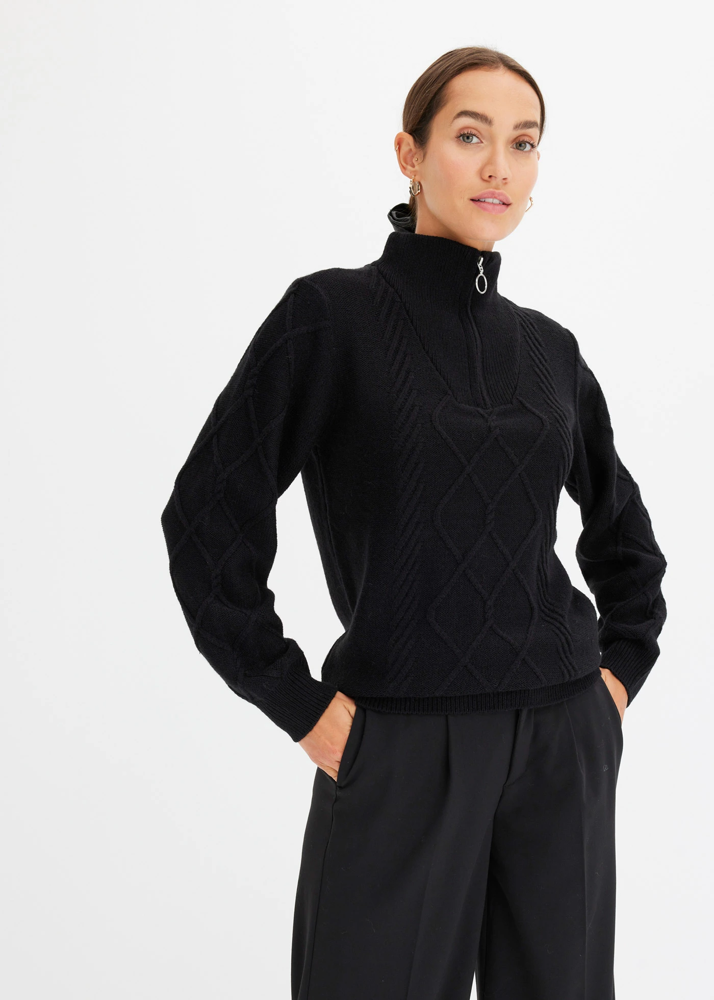 Pull camionneur en maille torsadée • noir • Boutique bonprix