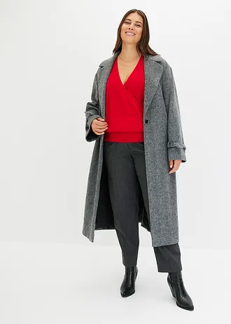 Lange jas met riem en visgraatpatroon, Kleur: grijs-zwart