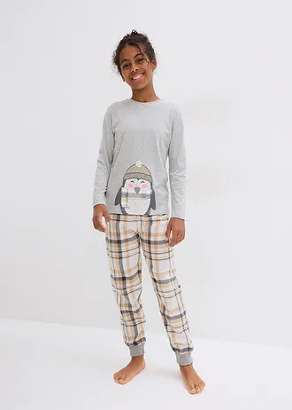 Kinderen pyjama met flanellen broek (2-dlg. set) • latte macchiato-wolwit-lichtgrijs gemêleerd met print • bonprix online shop