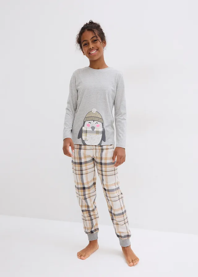 Kinderen pyjama met flanellen broek (2-dlg. set), Kleur: latte macchiato-wolwit-lichtgrijs gemêleerd met print
