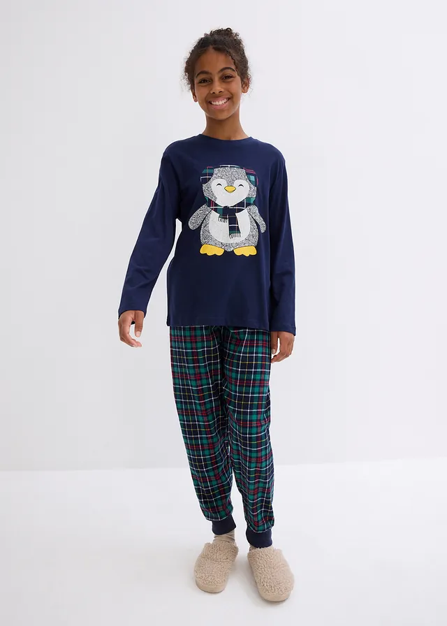Kinderen pyjama met flanellen broek en biologisch katoen (2-dlg. set), Kleur: donkerblauw-rooksmaragd-zwart gedessineerd