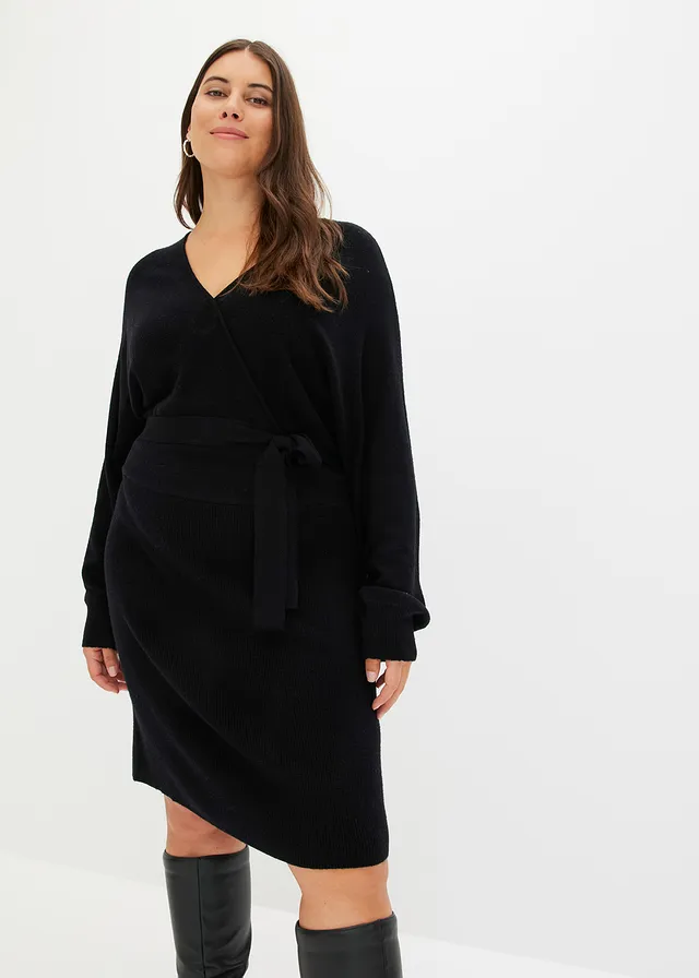 Gebreide jurk met V-hals, Kleur: zwart