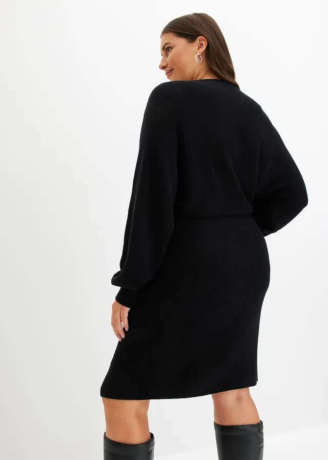 Gebreide jurk met V-hals, Kleur: zwart