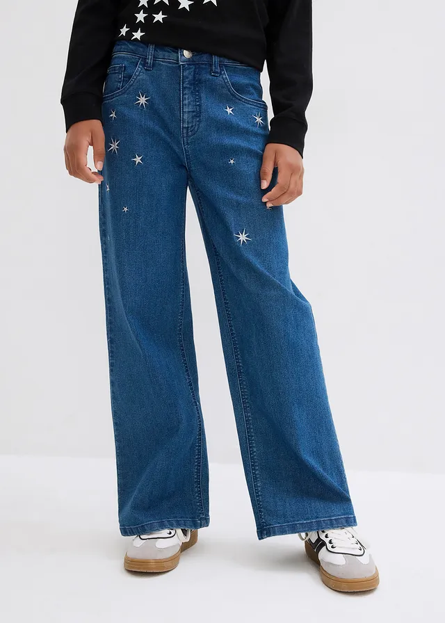 Meisjes jeans met borduursel, wide leg, Kleur: blauw denim