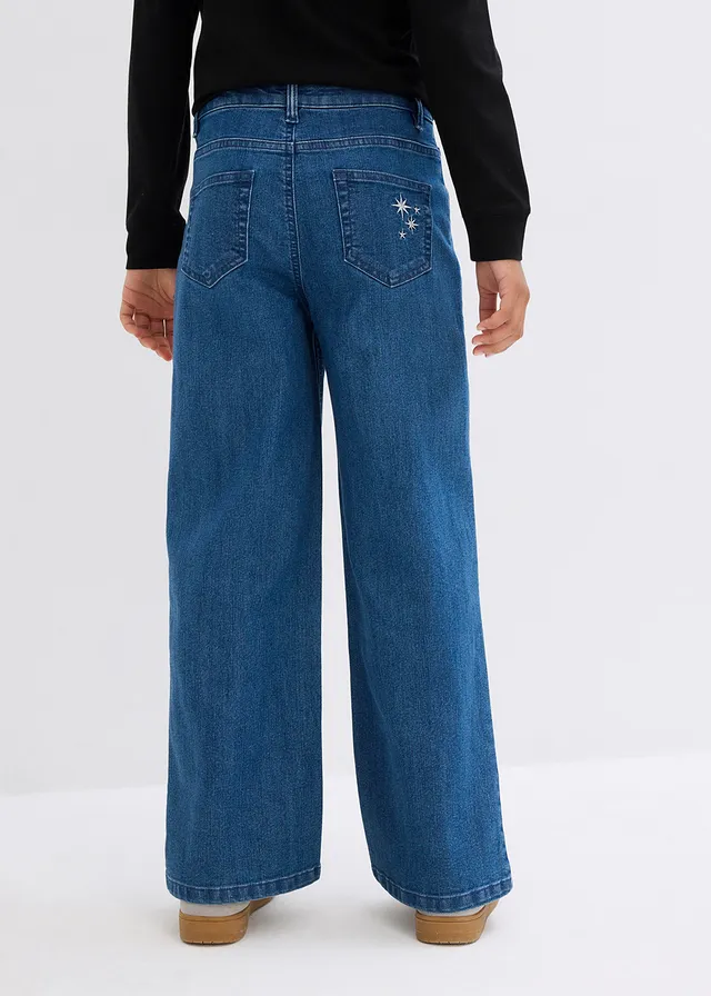 Meisjes jeans met borduursel, wide leg, Kleur: blauw denim