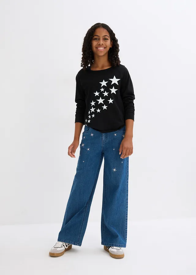 Meisjes jeans met borduursel, wide leg • blauw denim • bonprix online shop