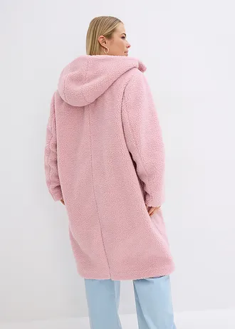 Lange teddy jas met capuchon en zakken, Kleur: asroze