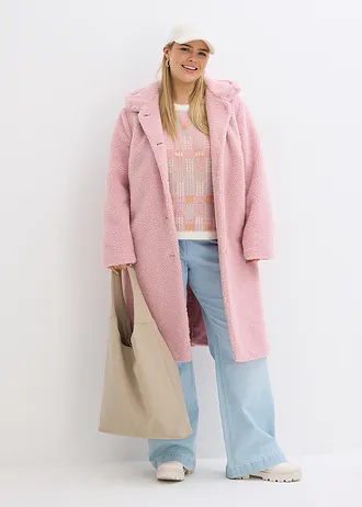 Plyšový kabát s kapucí a kapsami, barva: popelavě růžová