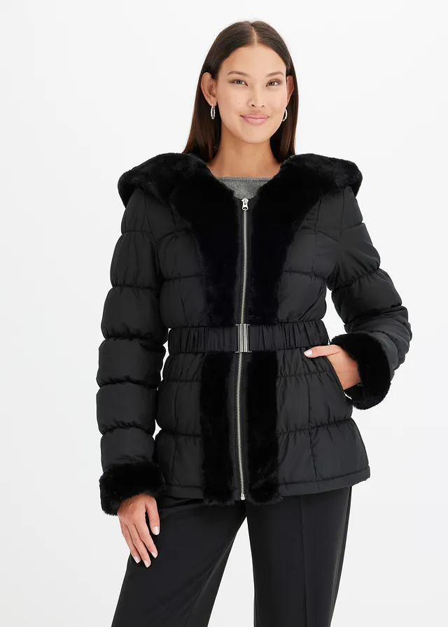 Doudoune avec bordures peluche, Couleur: noir