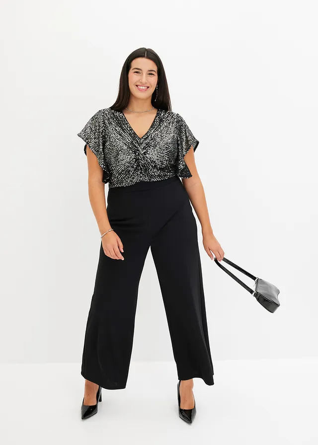 Jumpsuit met pailletten, Kleur: zwart