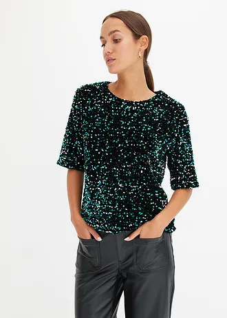 Shirt met pailletten, Kleur: zwart/groen/zilverkleur