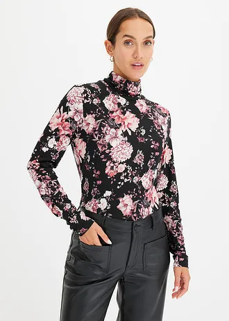 Triko s dlouhým rukávem, z měkké viskózové směsi • černá s květy • bonprix obchod