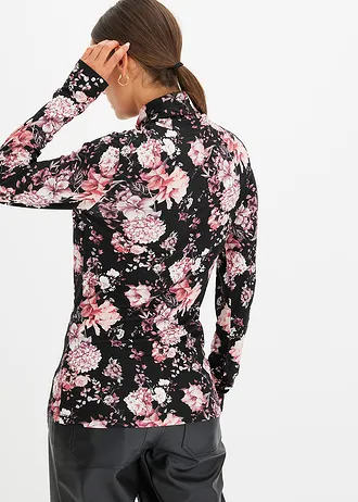 Triko s dlouhým rukávem, z měkké viskózové směsi • černá s květy • bonprix obchod