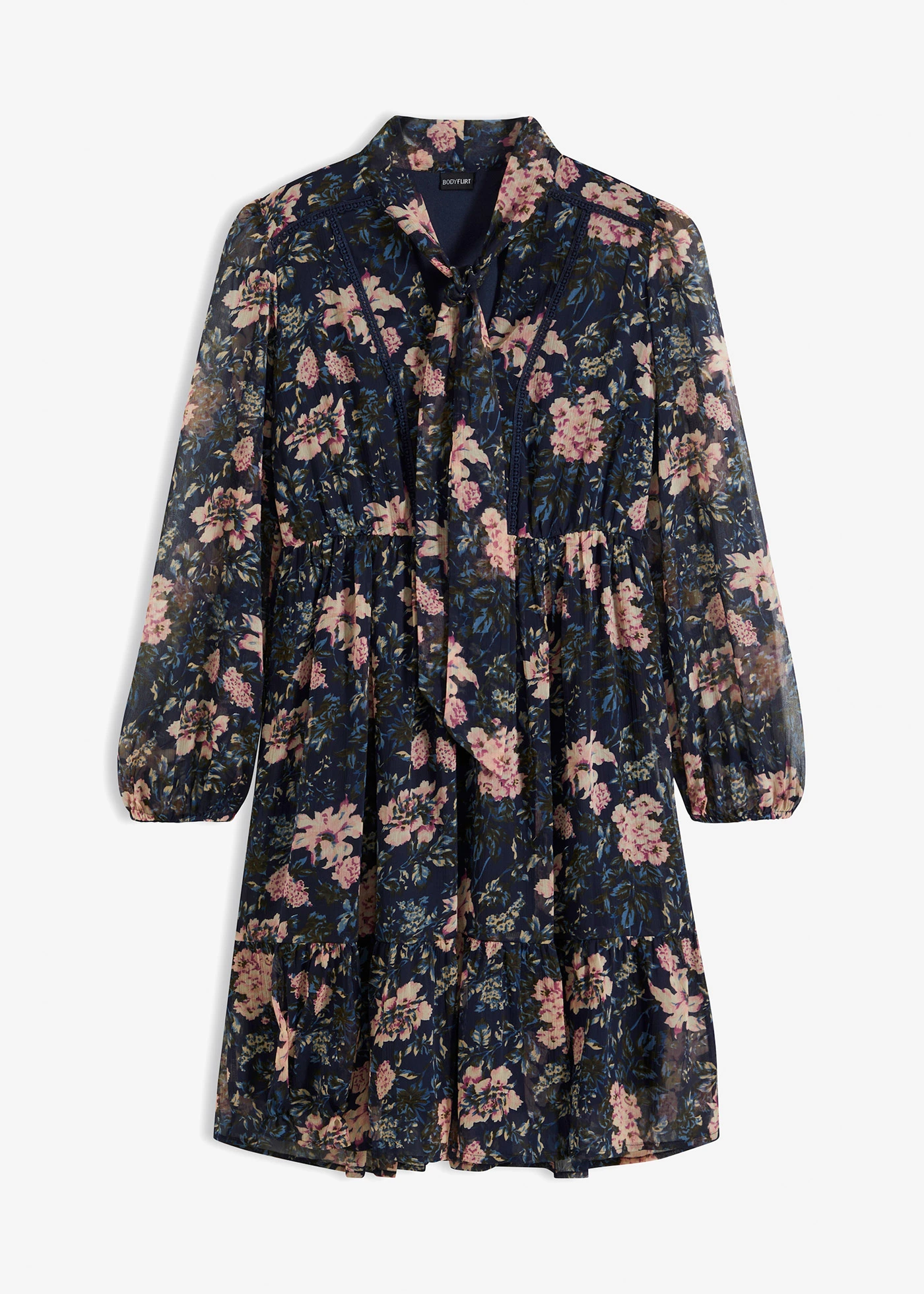 Gedessineerde jurk van chiffon • donkerblauw gebloemd • bonprix online shop