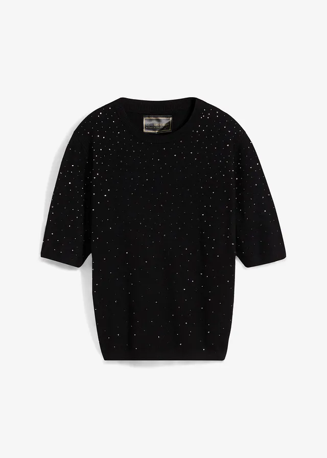 Pull manches coudes en fine maille avec strass, Couleur: noir
