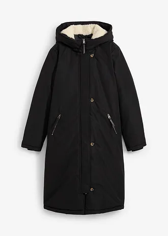 Lange winterjas met teddy, Kleur: zwart