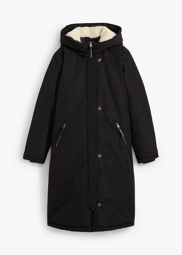 Lange winterjas met teddy • zwart • bonprix online shop