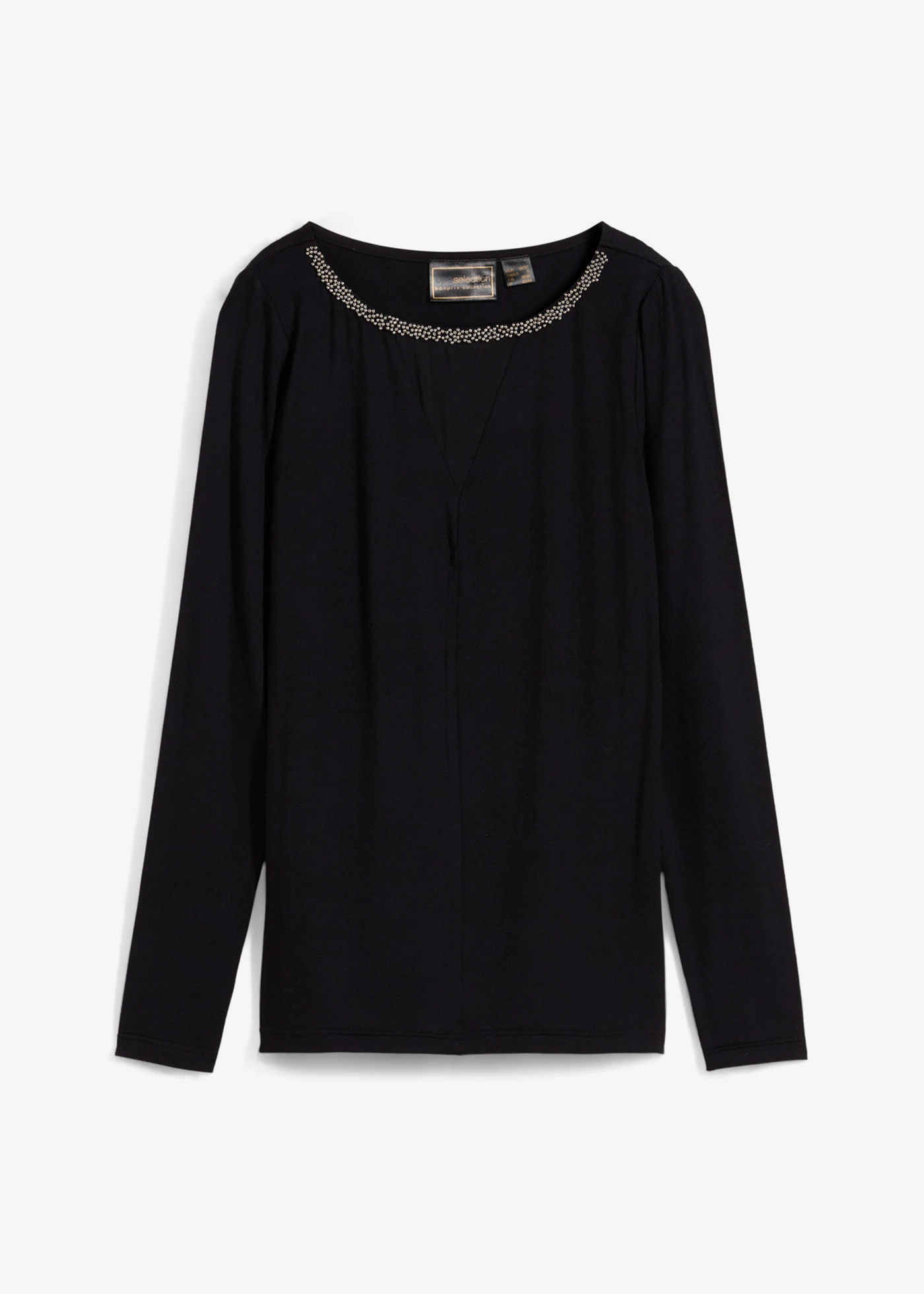 Hosszú ujjú póló neccbetéttel és csillogó kövekkel • fekete • bonprix áruház