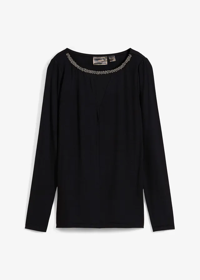Hosszú ujjú póló neccbetéttel és csillogó kövekkel • fekete • bonprix áruház