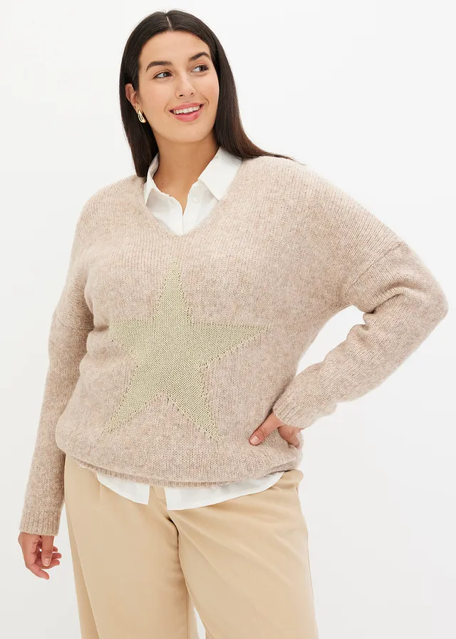Pull motif étoile, Couleur: camel