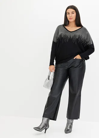 Pull en fine maille avec strass, Couleur: noir