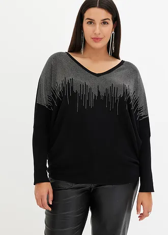 Pull en fine maille avec strass, Couleur: noir