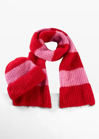 Écharpe et bonnet (ens. 2 pces), Couleur: rouge salsa-rose fuchsia rayé