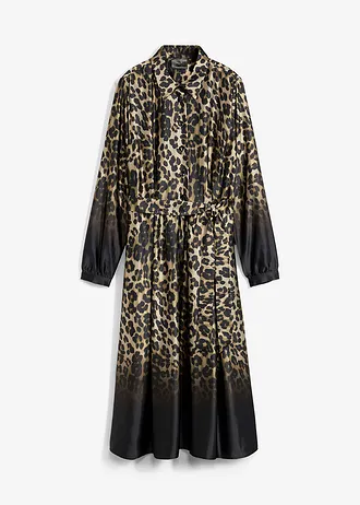 Satijnen overhemdjurk, Kleur: zwart-sand luipaardprint