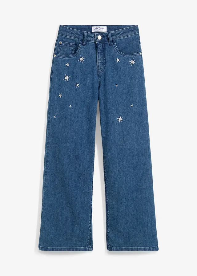 Wide Leg farmer hímzéssel, Mid Waist • kék denim • bonprix áruház
