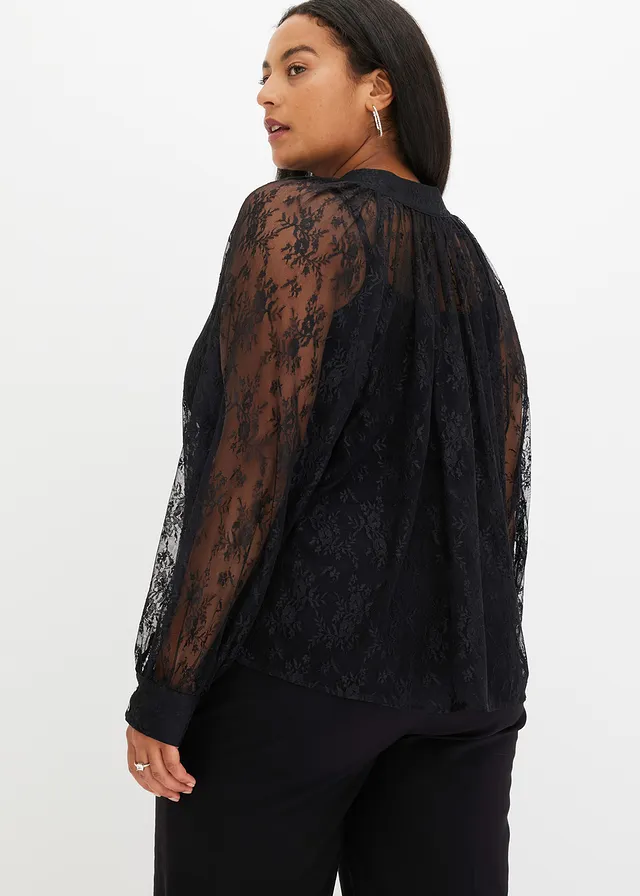 Blouse en dentelle légèrement transparente, Couleur: noir