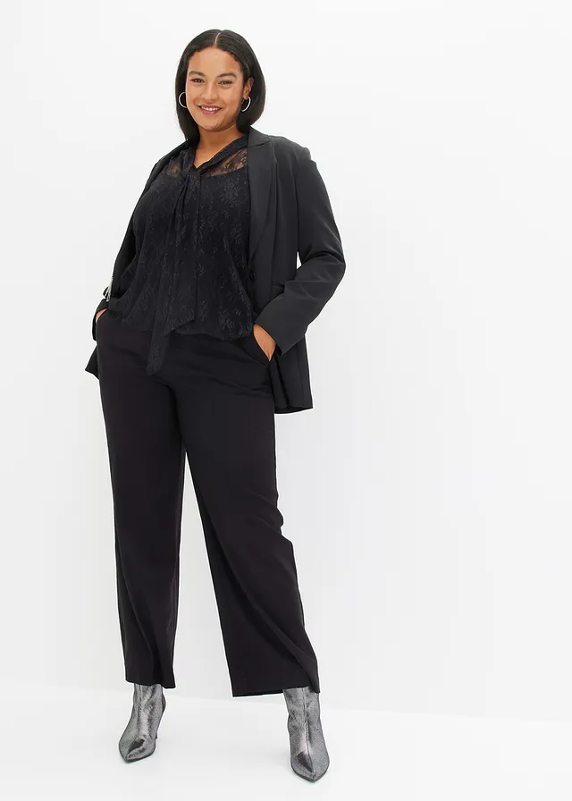 Kanten blouse met lichte transparantie, Kleur: zwart
