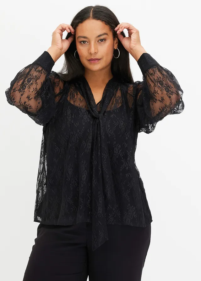 Kanten blouse met lichte transparantie, Kleur: zwart