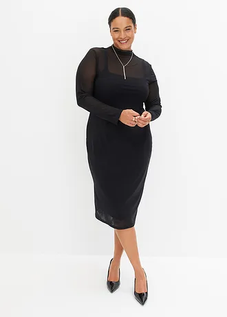 Jersey jurk met mesh, Kleur: zwart