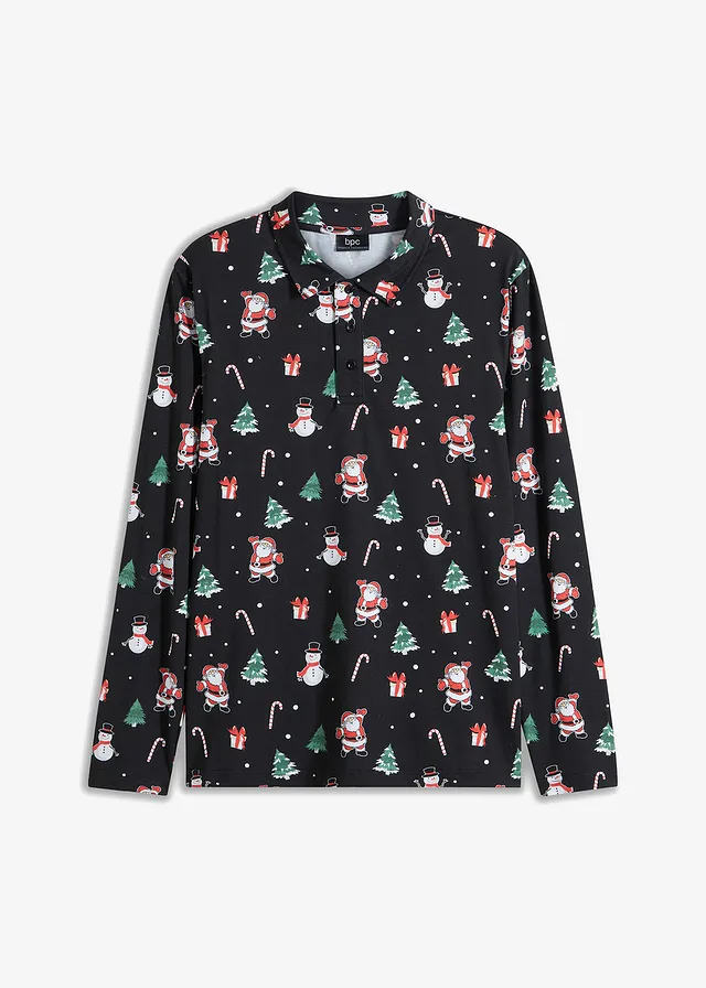 Bluză polo cu print de Crăciun, din bumbac
